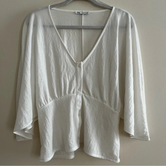 ZARA Gauzy Romantic White Batwing Dolman Sleeve Cropped Button Blouse Top - Picture 4 of 10